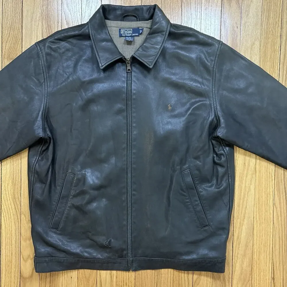 Polo Ralph Lauren Leather Jacket Men’s Size L Zip Front Plaid Lined *Flaw Read - Picture 10 of 16